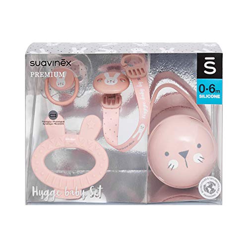 Suavinex 306628 Set Premium 4 Productos para Recién Nacido con Chupete fisiológico silicona 0-6 meses, Broche, Portachupetes y Mordedor, Whiskers Rosa