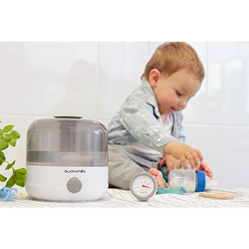 Suavinex 400804 Humidificador Silencioso de Vapor en Frío para Bebés con Preciso Higrómetro Tecnología Ultrasonido, Color Blanco/Gris