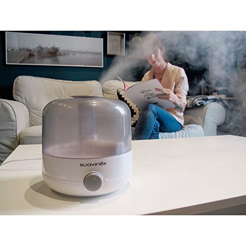 Suavinex 400804 Humidificador Silencioso de Vapor en Frío para Bebés con Preciso Higrómetro Tecnología Ultrasonido, Color Blanco/Gris