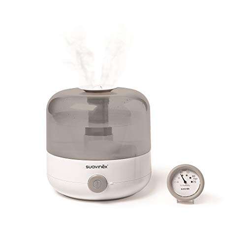 Suavinex 400804 Humidificador Silencioso de Vapor en Frío para Bebés con Preciso Higrómetro Tecnología Ultrasonido, Color Blanco/Gris