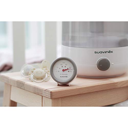 Suavinex 400804 Humidificador Silencioso de Vapor en Frío para Bebés con Preciso Higrómetro Tecnología Ultrasonido, Color Blanco/Gris