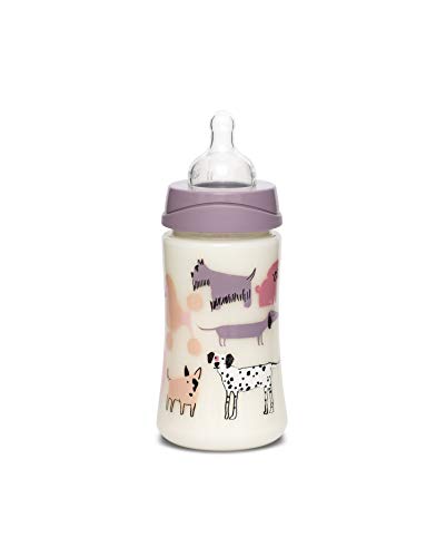 Suavinex - Biberón para bebés +0 meses. con tetina 3 posiciones (flujo lento, medio o Denso) de silicona. color Perritos Lila, 270ml