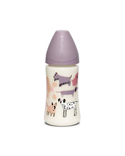 Suavinex - Biberón para bebés +0 meses. con tetina 3 posiciones (flujo lento, medio o Denso) de silicona. color Perritos Lila, 270ml