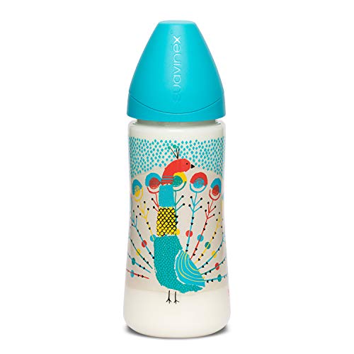 Suavinex - Biberón para bebés +4 meses. con tetina flujo Denso (para papillas) de silicona. color Pavo Real Azul, 360ml