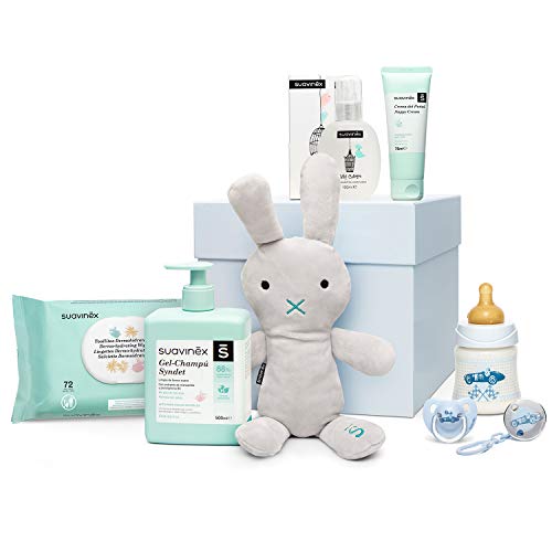 Suavinex - Canastilla para recién nacido. canastilla de regalo para bebé de 0-6 meses. incluye Baby cologne, Toallitas, Crema Pañal, Gel-champú Syndey, Biberón 150ml, Chupete y broche, Color Azul