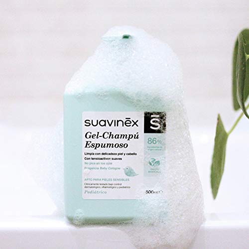 Suavinex – Gel-champú espumoso para bebés. No Pica en los Ojos. Textura Espumosa y Fragancia Baby cologne. 86% Ingredientes de Origen Natural. Gel-champú para piel y cabello, 750ml