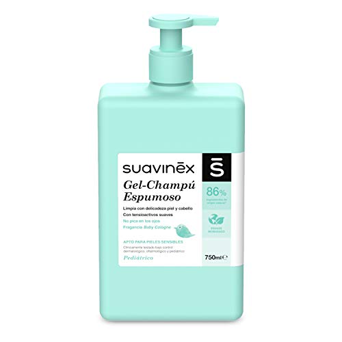 Suavinex – Gel-champú espumoso para bebés. No Pica en los Ojos. Textura Espumosa y Fragancia Baby cologne. 86% Ingredientes de Origen Natural. Gel-champú para piel y cabello, 750ml