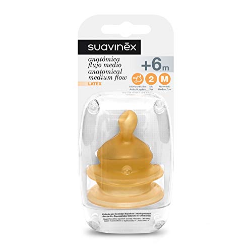 Suavinex - Pack 2 Tetinas Anatómicas de Látex Boca Ancha. Talla 2M Flujo Medio (Leche, Zumos y Papillas Líquidas). Tetina +6 Meses. Con Sistema Anticólico, 2 Unidades