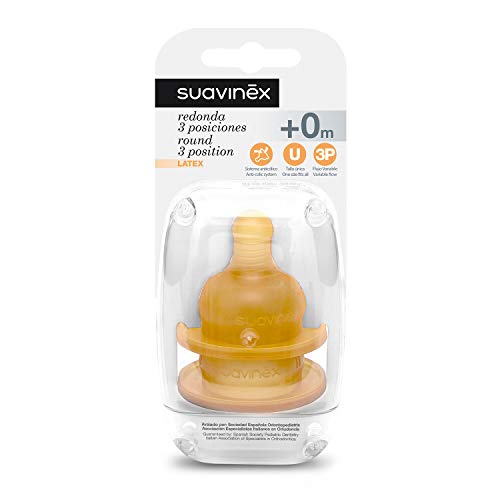 Suavinex - Pack 2 Tetinas Redonda 3 Posiciones de Látex Boca Ancha. Flujo Variable Para Regular el Flujo. Tetina +0 Meses. Con Sistema Anticólico, 2 Unidades