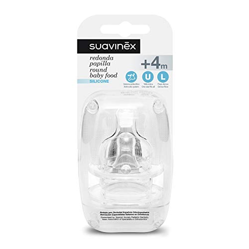 Suavinex - Pack 2 Tetinas Redonda de Silicona Boca Ancha. Talla Única Flujo Denso (Para Papillas). Tetina +4 Meses. Con Sistema Anticólico, 2 Unidades