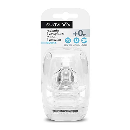 Suavinex - Pack 2 Tetinas Redondas 3 Posiciones de Silicona Boca Ancha. Flujo Variable Para Regular el Flujo. Tetina +0 Meses. Con Sistema Anticólico, 2 Unidades