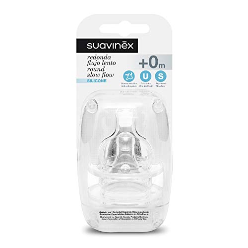 Suavinex - Pack 2 Tetinas Redondas de Silicona Boca Ancha. Flujo Lento (Glucosa y Agua). Tetina +0 Meses. Con Sistema Anticólico, 2 Unidades