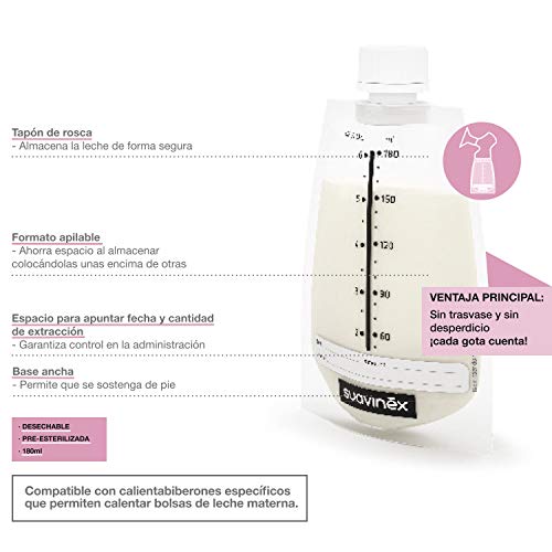 Suavinex - Pack 20 Bolsas Almacenamiento Leche Materna. Pre-Esterilizadas. Almacenar en Frigorífico, Congelador o Alimentar al Bebé. Con Área de Etiquetado. Sin BPA. Tapón Hermético de Rosca, 180ml