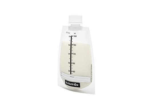 Suavinex - Pack 20 Bolsas Almacenamiento Leche Materna. Pre-Esterilizadas. Almacenar en Frigorífico, Congelador o Alimentar al Bebé. Con Área de Etiquetado. Sin BPA. Tapón Hermético de Rosca, 180ml