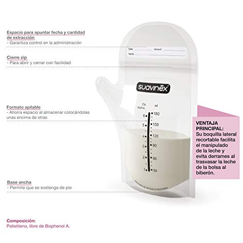 Suavinex - Pack 25 Bolsas Almacenaje de Leche Materna Pre-Esterilizadas. Ahorro de Leche Materna. Bolsas Almacenaje 180ml, 25 unidades