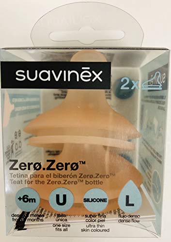 Suavinex Pack Tetina Biberón Zero-Zero Anticólicos, Flujo Denso (L), 2 unidades, +6 meses