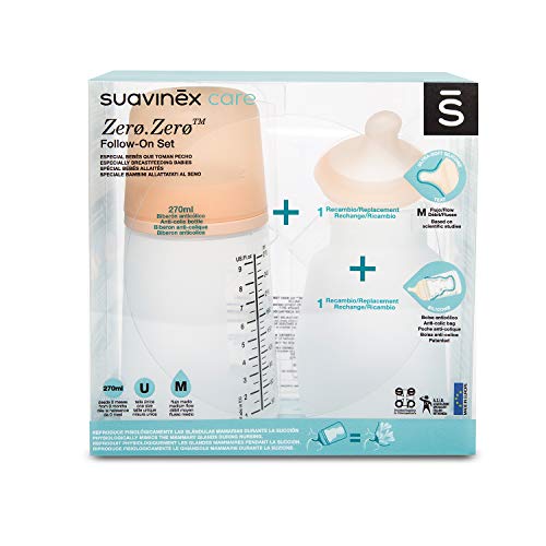 Suavinex Set Biberón Zero-Zero Anticólicos con Tetina y Bolsa Anticólicos de Recambio, 270ml, Flujo Medio, Blanco