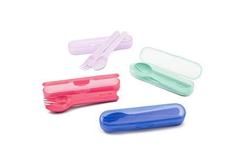 Suavinex - Set Cuchara + Tenedor + Estuche Booo, Cubiertos Infantiles para Encías Sensibles, para Bebés +12 Meses, Color Rosa