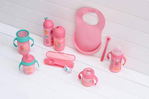 Suavinex - Set Cuchara + Tenedor + Estuche Booo, Cubiertos Infantiles para Encías Sensibles, para Bebés +12 Meses, Color Rosa