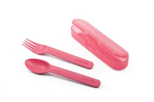 Suavinex - Set Cuchara + Tenedor + Estuche Booo, Cubiertos Infantiles para Encías Sensibles, para Bebés +12 Meses, Color Rosa