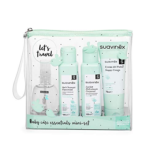 Suavinex Set Neceser Viaje Para Bebés con Baby Cologne, Crema Pañal, Loción Hidratante y Gel-Champú Espumoso, 4, Verde