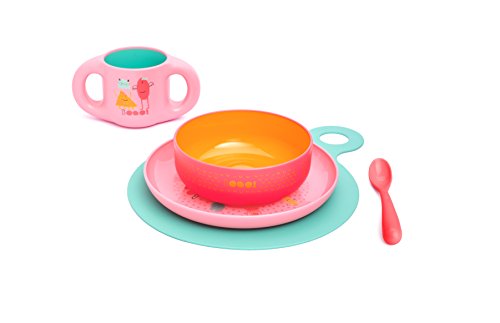 Suavinex - Set Vajilla Aprendizaje BOOO (Taza, Plato, Bol, Cuchara y Mantel). Vajilla Bebés +6 Meses. Apto Para Microondas y Lavavajillas, Color Rosa