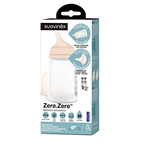 Suavinex Zero-Zero Biberón anticólicos +0 meses, 270 ml - Tetina Lactancia Materna, Flujo medio