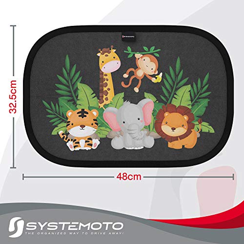 Systemoto protección solar, pasarol, coche bebé con protección UV certificada (juego de 2) - Viseras autoadhesivas para niños con dulces motivos animales (Vida salvaje)