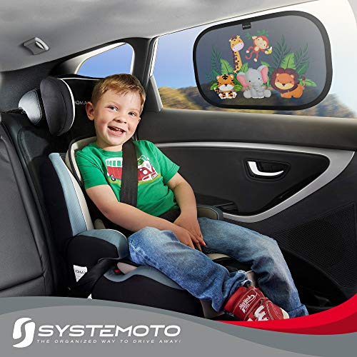 Systemoto protección solar, pasarol, coche bebé con protección UV certificada (juego de 2) - Viseras autoadhesivas para niños con dulces motivos animales (Vida salvaje)