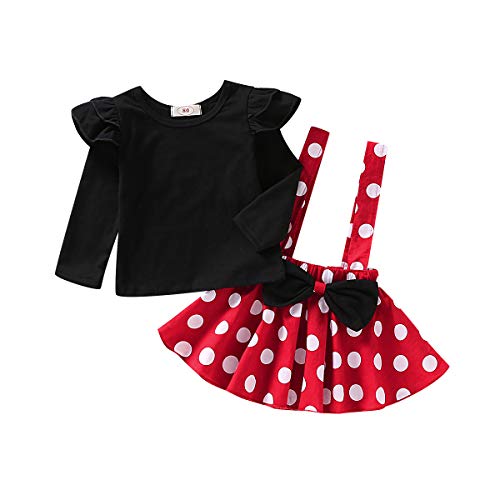 T TALENTBABY - Conjunto de 2 piezas de vestido de manga larga y corta con volantes y falda a cuadros Negro rojo (manga larga). 2-3 Años