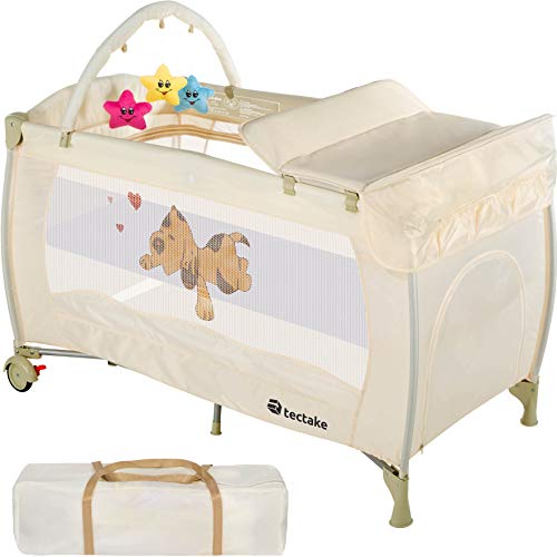 TecTake Cuna infantil de viaje de altura ajustable con acolchado para bebé - disponible en diferentes colores - (Beige | 400467)