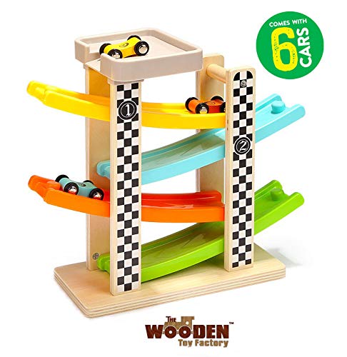 The Wooden Toy Factory - Circuito de Coches de Carreras Click Clack Racing Track con *6* Coches - Incluye Aparcamiento - No Requiere Montaje