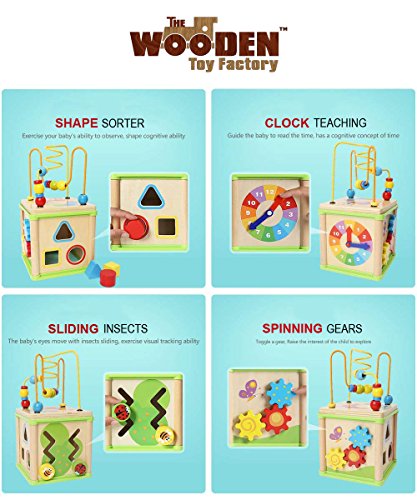 The Wooden Toy Factory - Cubo de Actividades 5 en 1 - Juguete de Madera Educativo para Bebés Niños y Niñas Pequeños - No Requiere Montaje