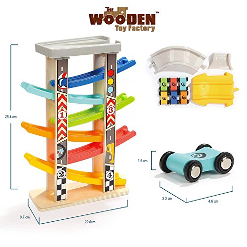 The Wooden Toy Factory - Mega Circuito de Coches de Carreras Click Clack Racing Track con *6* Coches - Incluye Aparcamiento - No Requiere Montaje (Mega Circuito de Coches de Carreras)