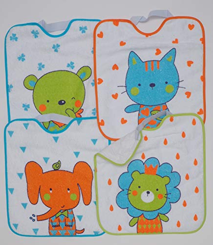 Ti TIN Pack 4 Baberos Impermeables para Bebé con Cierre con Goma 90% Algodón - 10% Poliéster | Lote de 4 Baberos para Bebés de Más de 1 Año, 32x36 cm