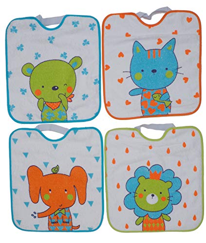 Ti TIN Pack 4 Baberos Impermeables para Bebé con Cierre con Goma 90% Algodón - 10% Poliéster | Lote de 4 Baberos para Bebés de Más de 1 Año, 32x36 cm