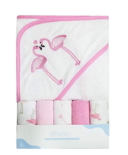 Toalla de baño con capucha y toallitas para bebé, Extra suave y ultra absorbente, Paquete de 6 regalos para recién nacidos y bebés, flamencos