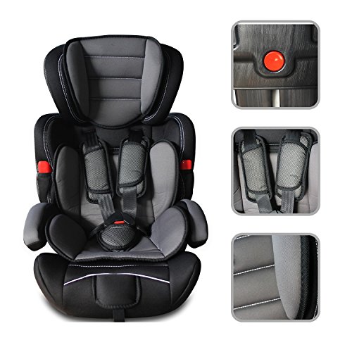 Todeco - Silla de Coche para Bebés y Niños, Asiento Elevador para Coches - Estándar/Certificación: ECE R44/04 - Rango de edad: Niños de 9 meses a 12 años - 9 a 36 kg, Negro