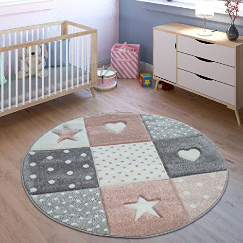 TT Home Alfombra Infantil De Juego Cuadros Puntos Estrella Luna Pastel Rosa Blanco Gris, Größe:120x170 cm