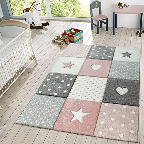 TT Home Alfombra Infantil De Juego Cuadros Puntos Estrella Luna Pastel Rosa Blanco Gris, Größe:120x170 cm