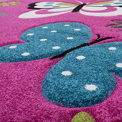 TT Home - Alfombra infantil, diseño de mariposas, color fucsia y gris, polipropileno, Rosa., 80 x 150 cm