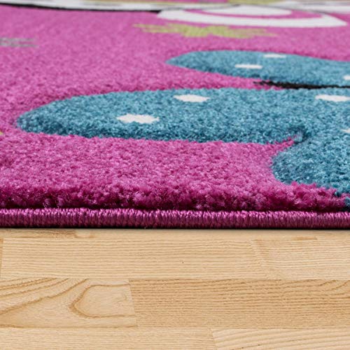 TT Home - Alfombra infantil, diseño de mariposas, color fucsia y gris, polipropileno, Rosa., 80 x 150 cm