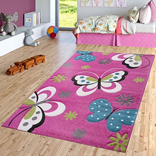 TT Home - Alfombra infantil, diseño de mariposas, color fucsia y gris, polipropileno, Rosa., 80 x 150 cm