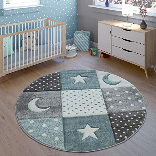 TT Home Alfombra Infantil Juego Cuadros Estrellas Luna Pastel Turquesa Blanco Gris, Größe:120x170 cm