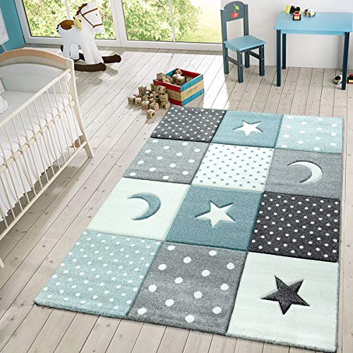 TT Home Alfombra Infantil Juego Cuadros Estrellas Luna Pastel Turquesa Blanco Gris, Größe:120x170 cm