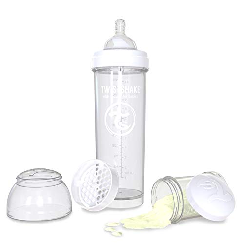 Twistshake Biberón anticólicos con mezclador, Blanco, 330 ml, 11oz