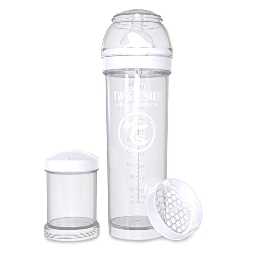 Twistshake Biberón anticólicos con mezclador, Blanco, 330 ml, 11oz