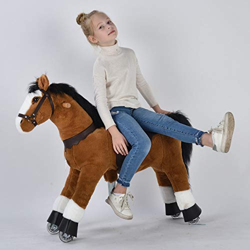 UFREE Caballo mecánico Pony de Juguete para cabalgar, Adecuado para niños de 4 a 9 años, Mediano, Altura de 93 cm (Cuerpo marrón, Melena y Cola Negras)