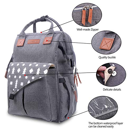 Umitive Mochilas de Pañales para Bebé, Maternal Bolso Multifuncional con USB de Viaje, Gran Capacidad, Impermeable, Enviar 2 Correas de Cochecito y 1 Cambiador y 1 Bolsa Aislante, Gris