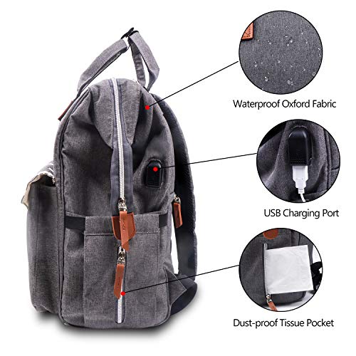 Umitive Mochilas de Pañales para Bebé, Maternal Bolso Multifuncional con USB de Viaje, Gran Capacidad, Impermeable, Enviar 2 Correas de Cochecito y 1 Cambiador y 1 Bolsa Aislante, Gris